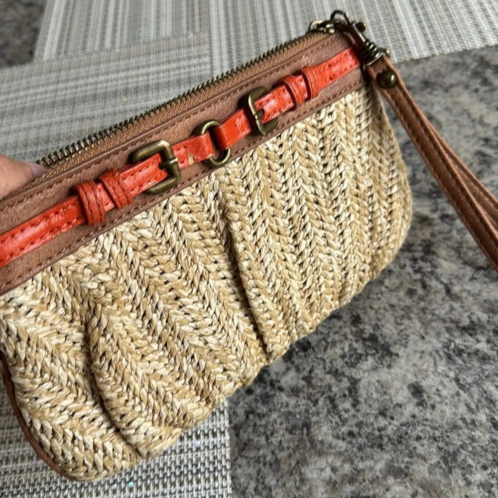 Express Women’s Woven Straw Wrislet Orange Brown Buckle Detail Summer Clutch